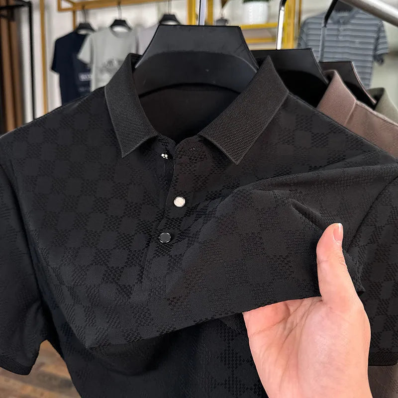 Rhombus brand thin ice silk short sleeve T-shirt showing slit hem detail, in black colour.