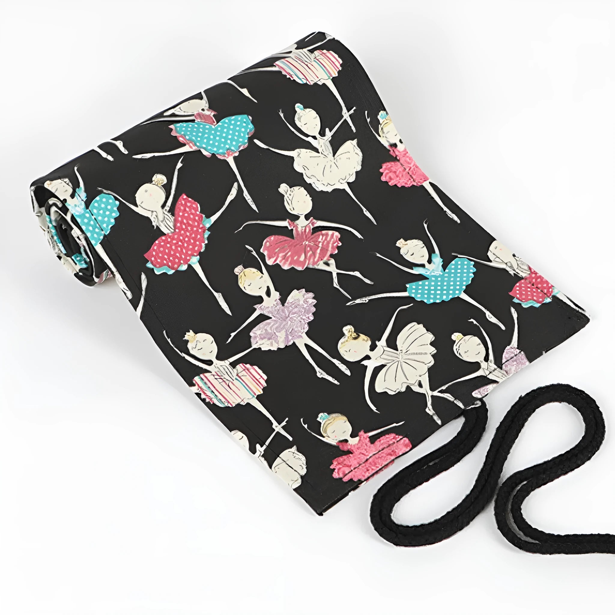 Square canvas rolling pencil case with ballet girl print, unfurled to show multiple pencil slots.