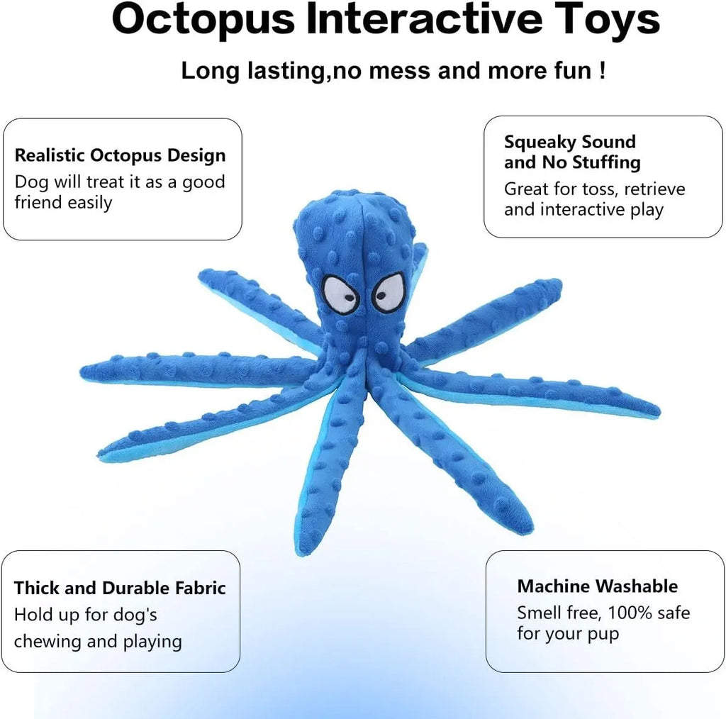 Blue octopus-shaped dog chew toy with crinkle sounds, unfilled construction, bite-resistant mesh material