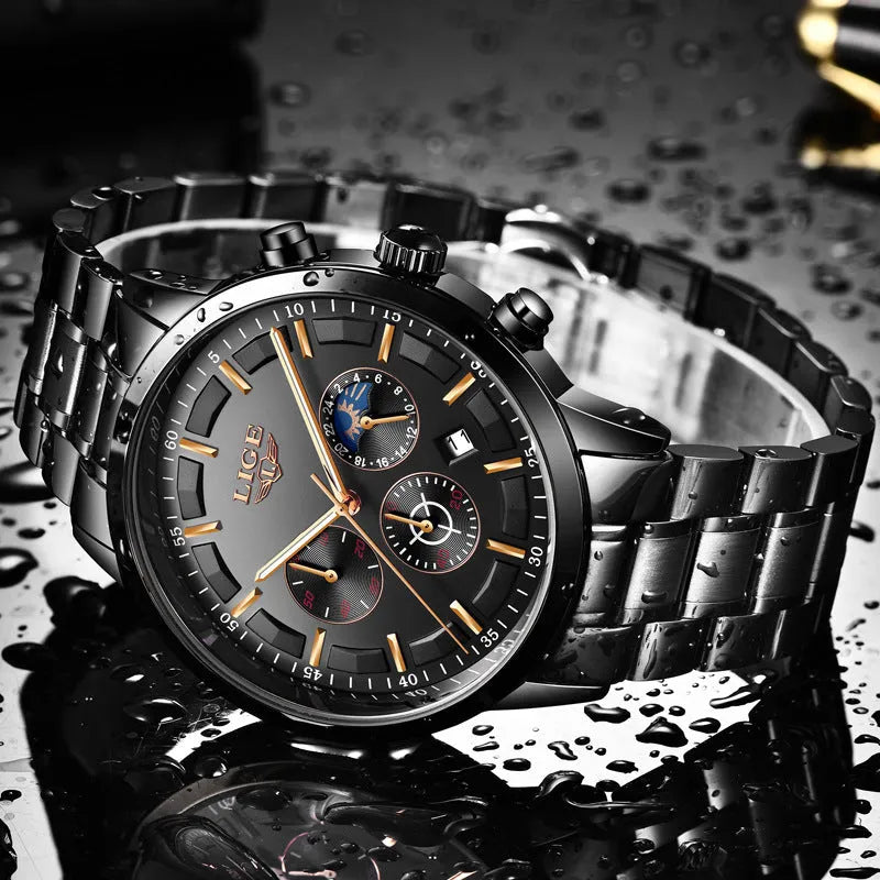 Men's black and rose red gold sports quartz watch with moon phase display on wrist.