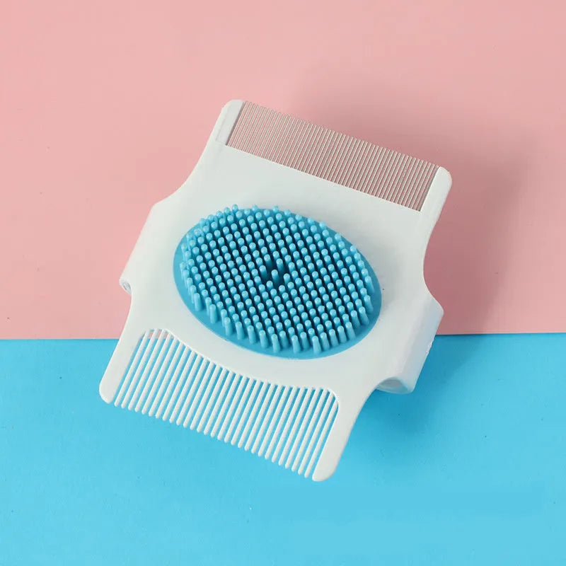 Blue and green multifunctional dog grooming comb with floating hair removal and massage feature