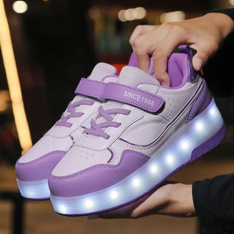 Children's charging flash rollerskates with LED lights in pink colour