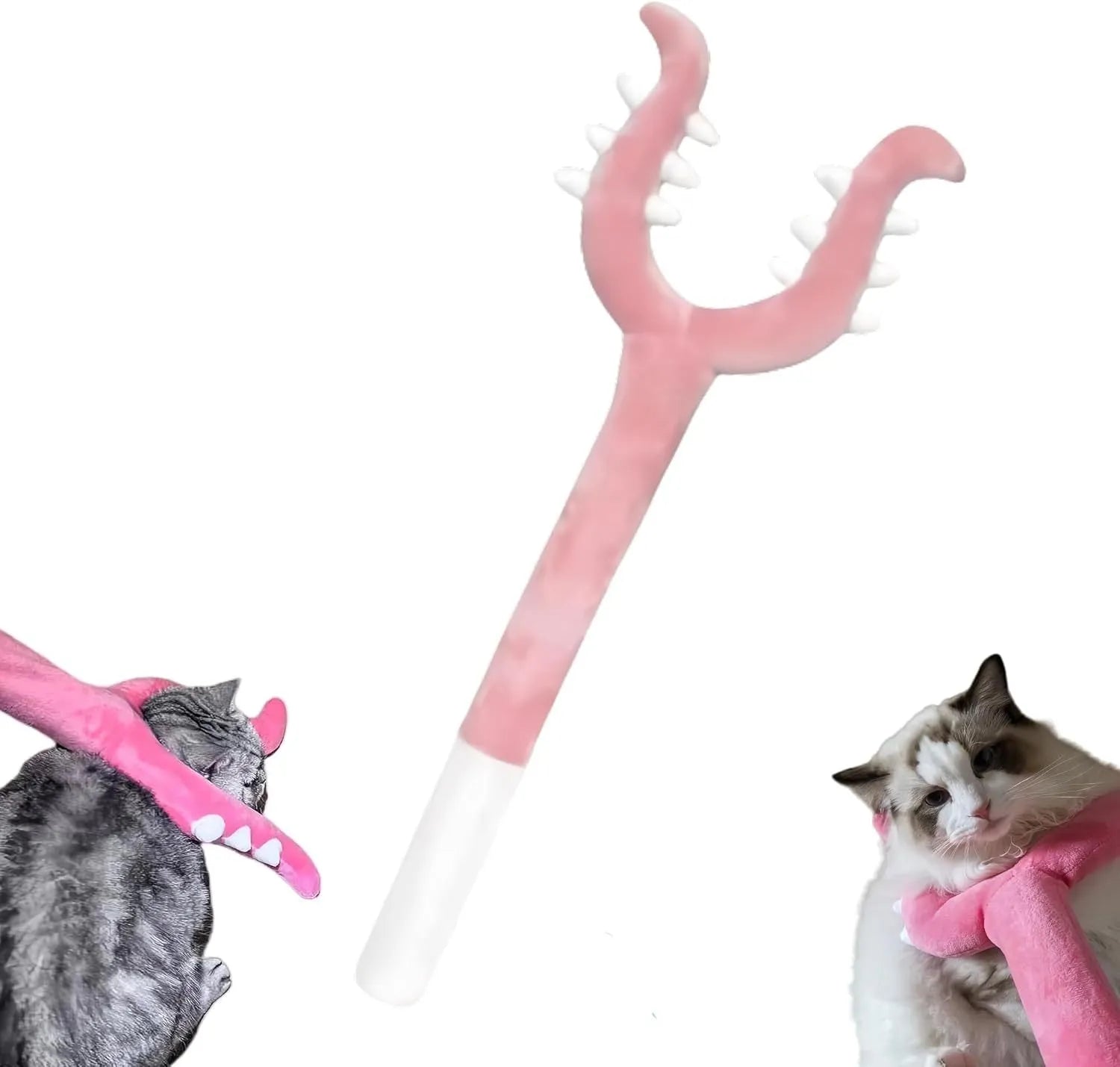 Blue and pink plush cat wand toys showing 70cm length with plush wrapping