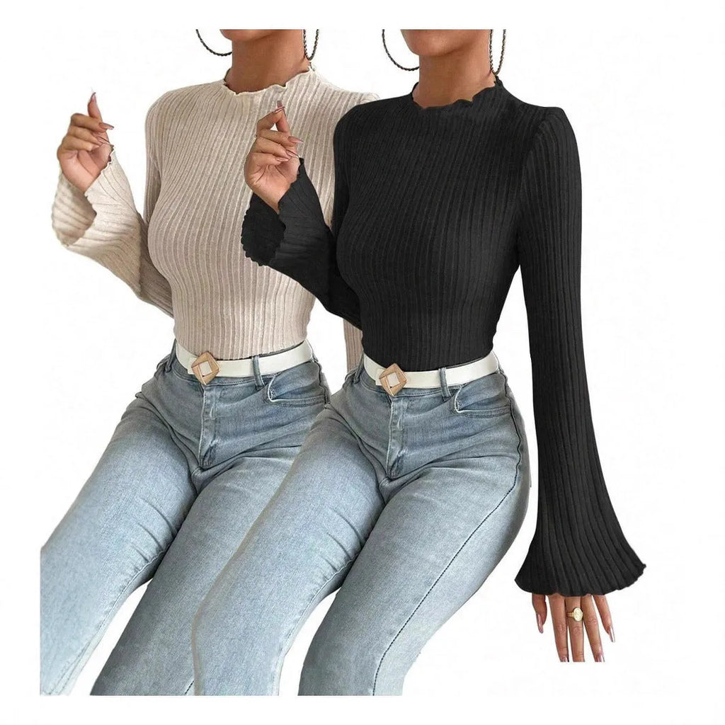 Long sleeve round neck polyester top with sunk stripe texture in black colour