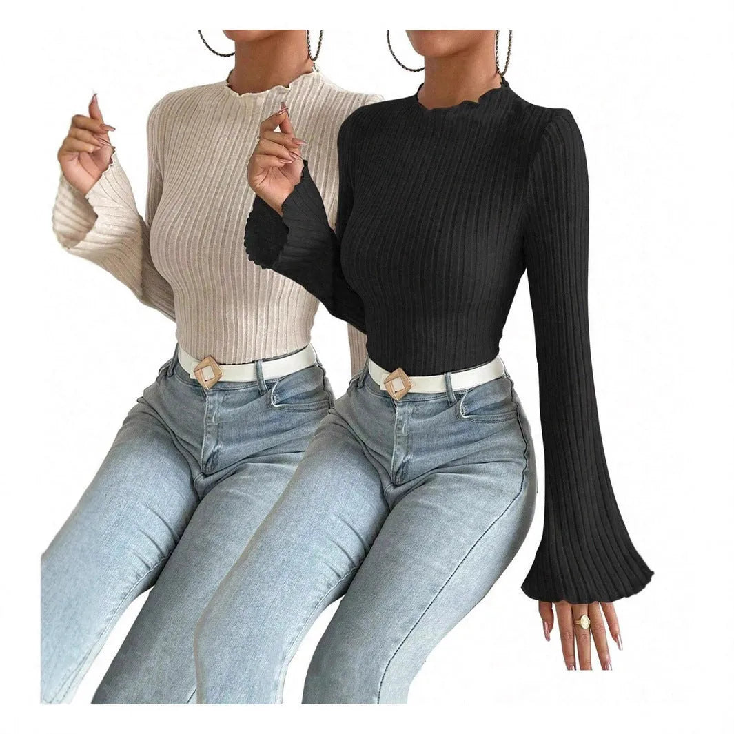 Long sleeve round neck polyester top with sunk stripe texture in black colour