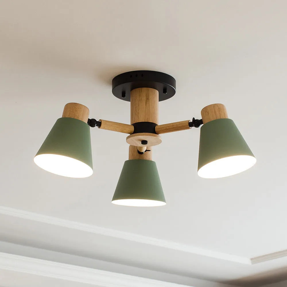 Nordic Macaron style ceiling pendant light with ironwood frame, shown in a two-tone colour option with multiple light heads.