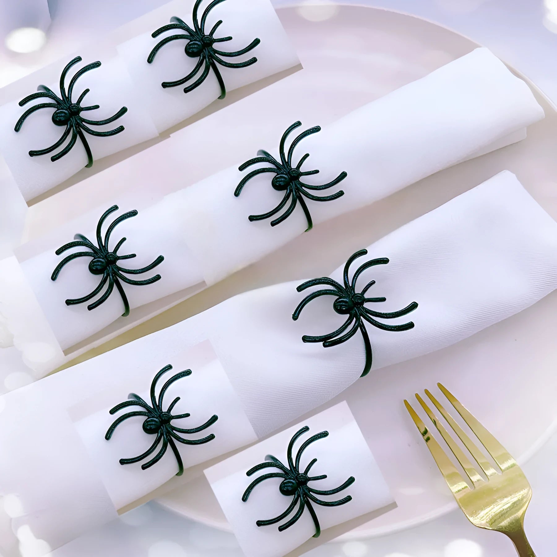 Six black spider design alloy napkin rings for Halloween table decoration