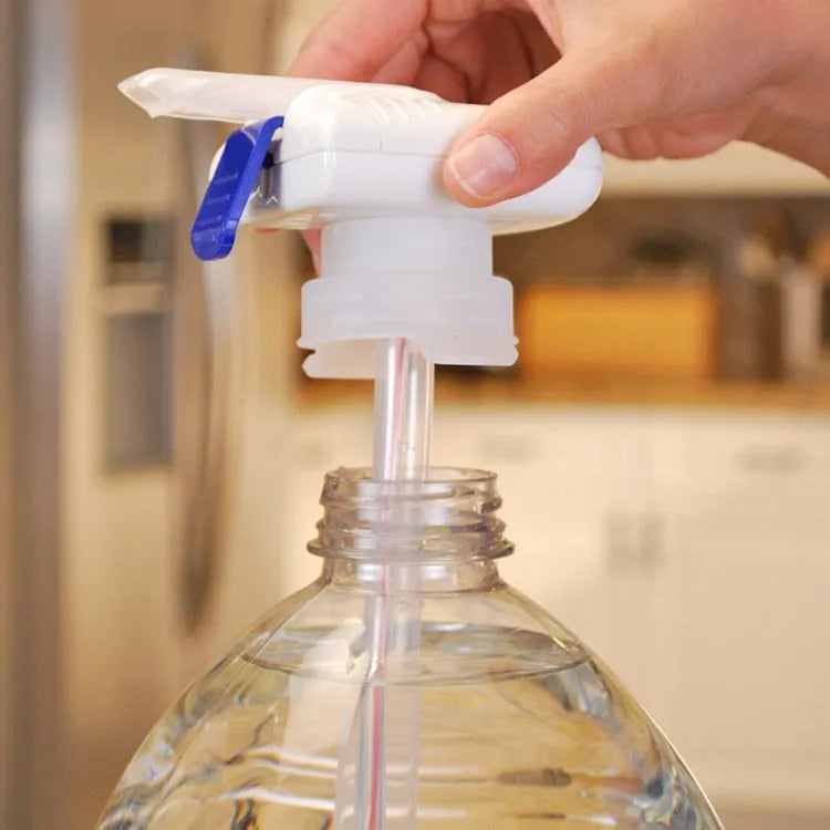 Electric pumping water device with blue press handle and long silicone straw for transferring milk and juice.