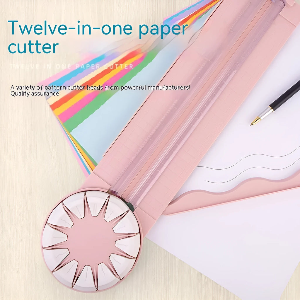Pink plastic paper cutting machine with dotted pattern design and 12 interchangeable blades