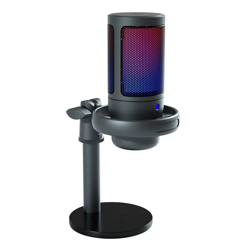 Condenser microphone with RGB lights in black, pink, or white colours for USB computer recording.