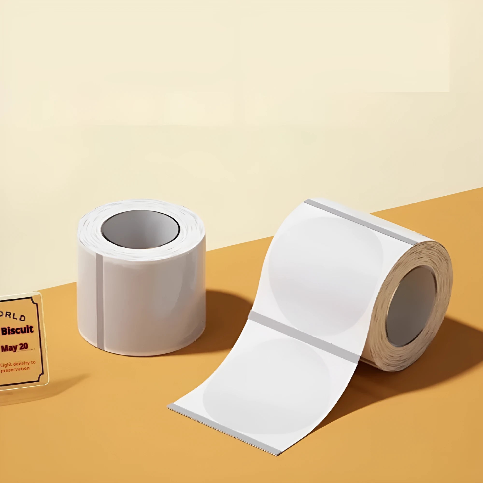 Transparent waterproof adhesive labels in various rectangular and circular sizes on thermal synthetic paper