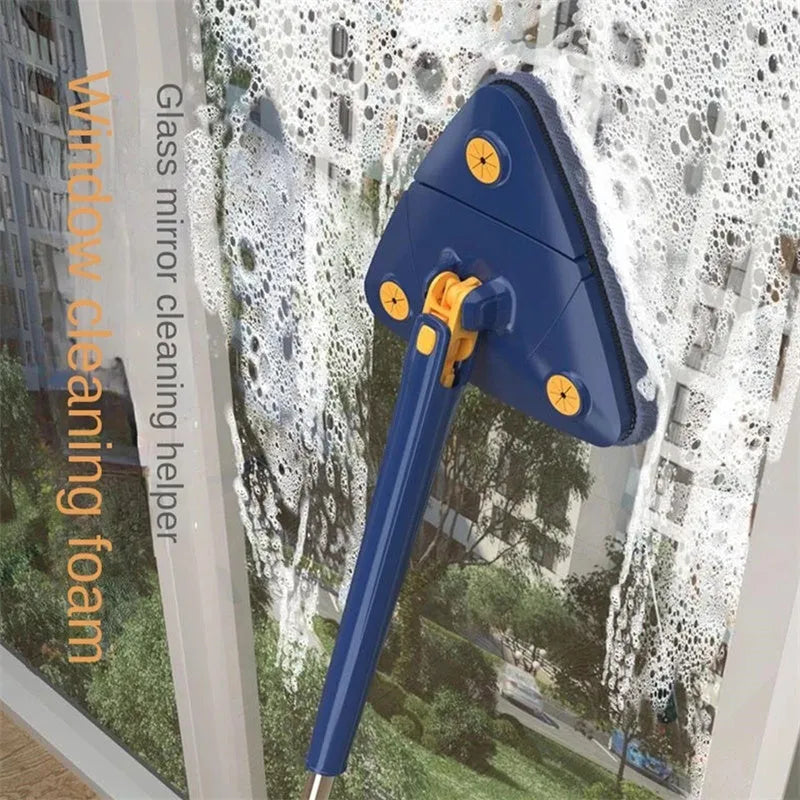 Extendable triangle mop with rotating blue head and stainless steel pole for cleaning corners and walls
