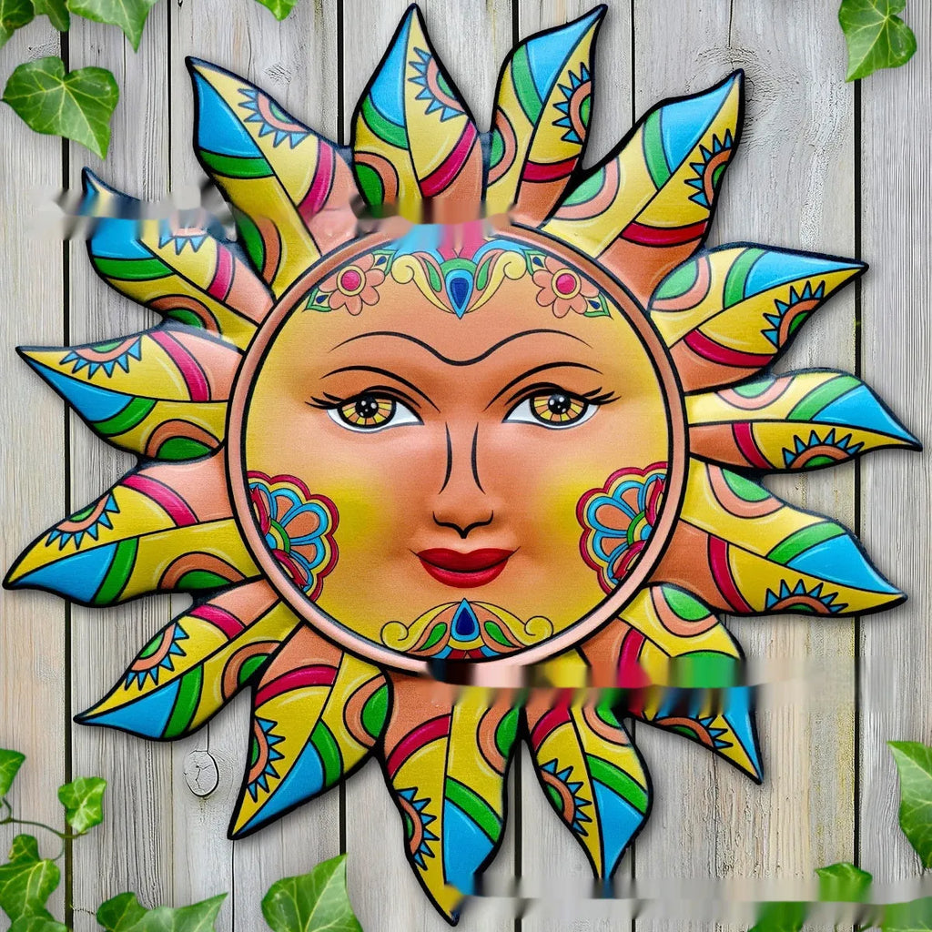 Iron sun face wall hanging decorative craft with detailed rays and 28cm diameter