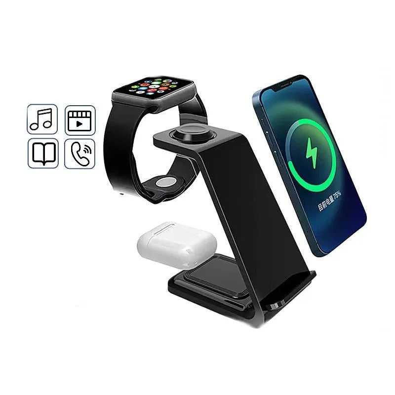 White 3-in-1 upright wireless charging phone holder stand with dual coil charging surface