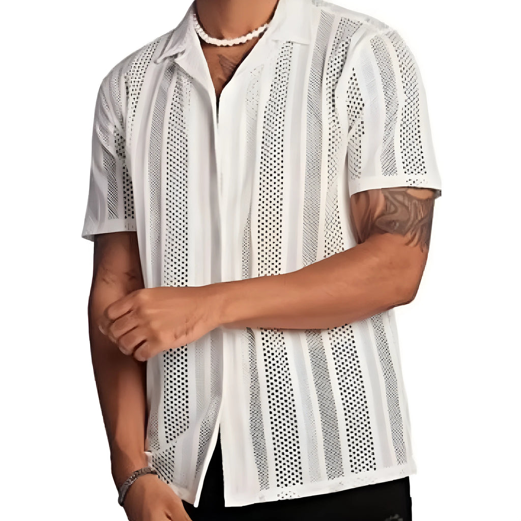 Man wearing a black knitted short-sleeved button shirt with a jacquard pattern, cardigan style.