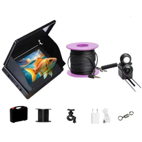 Fish finder underwater camera with 4.3-inch screen showing underwater view, night vision lights, and choice of cable lengths.