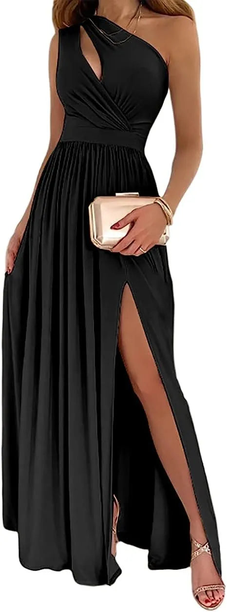 Women's apricot one shoulder sleeveless maxi dress with cutout and high split design.