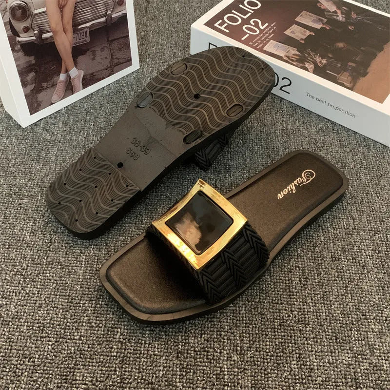 Women's casual flat slippers in apricot, black and khaki colours with PVC soles