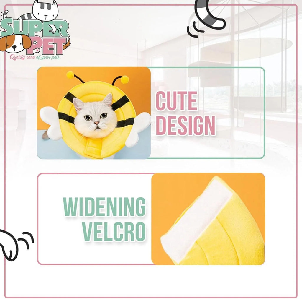 Soft cat cone collar with black and yellow bee design and Velcro strap