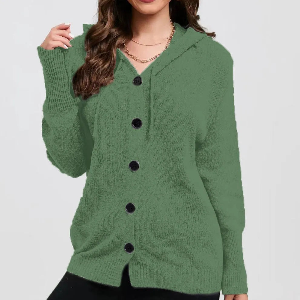 Women's solid colour hooded cardigan sweater in thick cotton fabric showing loose fit and regular sleeves