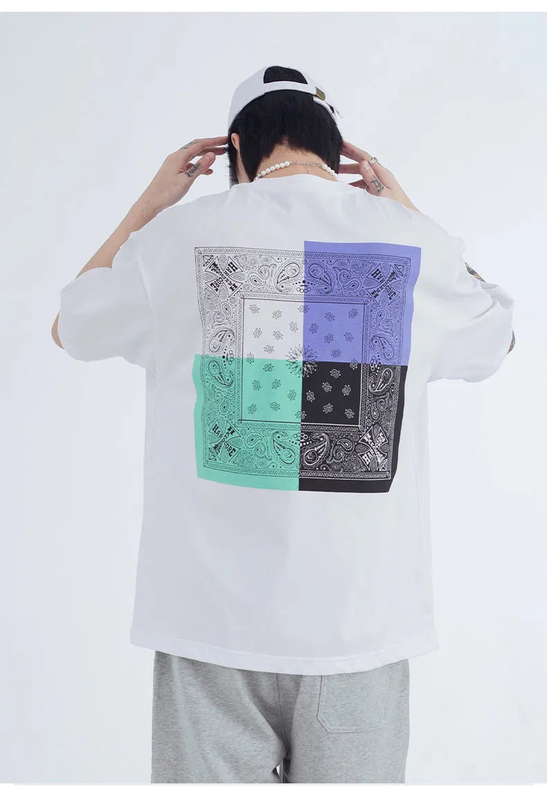 Men's printed short sleeve t-shirt in loose cotton stripe, black pullover