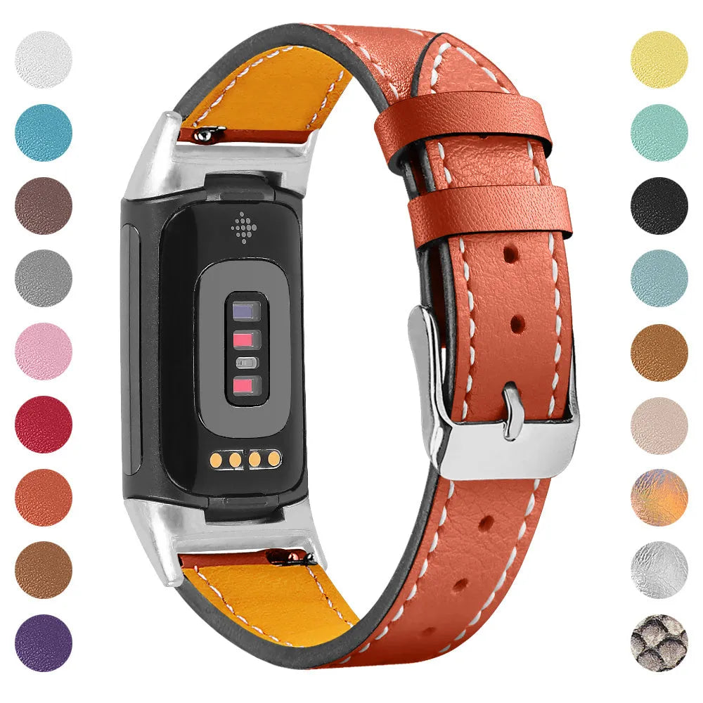 Genuine cowhide leather replacement strap for Fitbit Charge 5 and Charge 6 smartwatch in multiple colours.