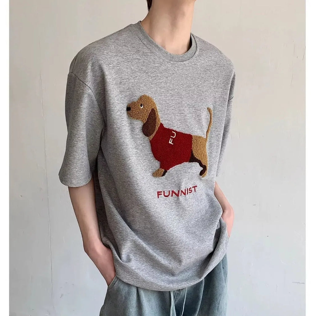 Men's grey cotton t-shirt with embroidered sausage dog towel design on front