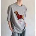 Men's grey cotton t-shirt with embroidered sausage dog towel design on front