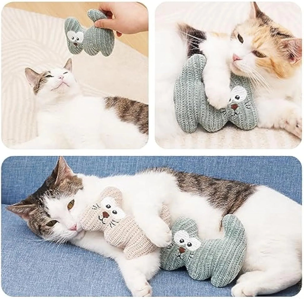 Cyan knitted plush cat toy with bell and catnip, measuring 12 by 11 centimetres.