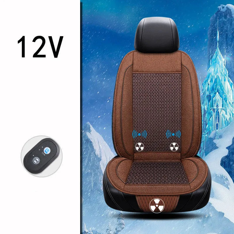 Black car ventilation seat cushion with massage function showing 60x60cm dimensions on vehicle seat