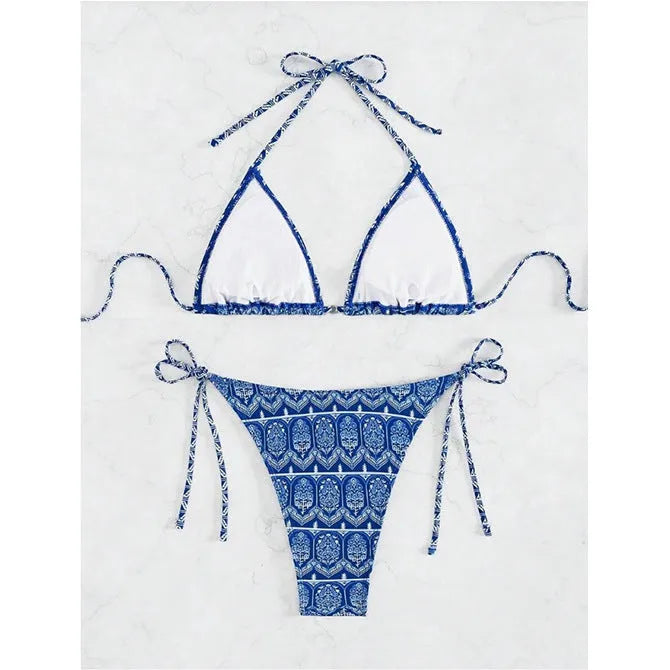 Women's split bikini swimsuit with bandage stitching in polyester fabric