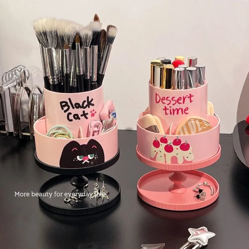 Beige rotating cosmetic brush storage barrel with 18-litre capacity on a table.