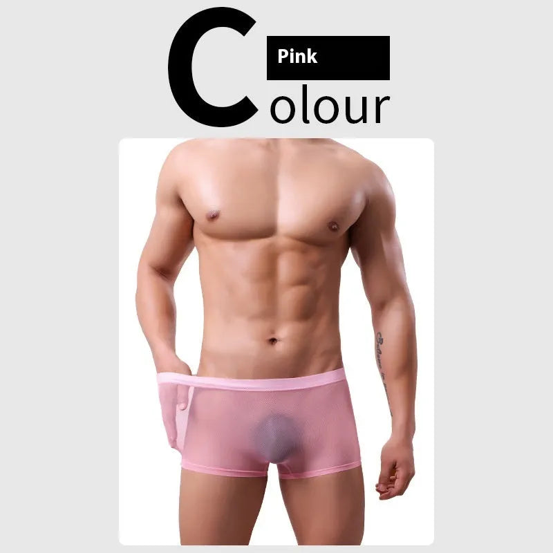 Men's low-waist mesh boxer briefs in black, white, green, blue, skin colour and pink colours