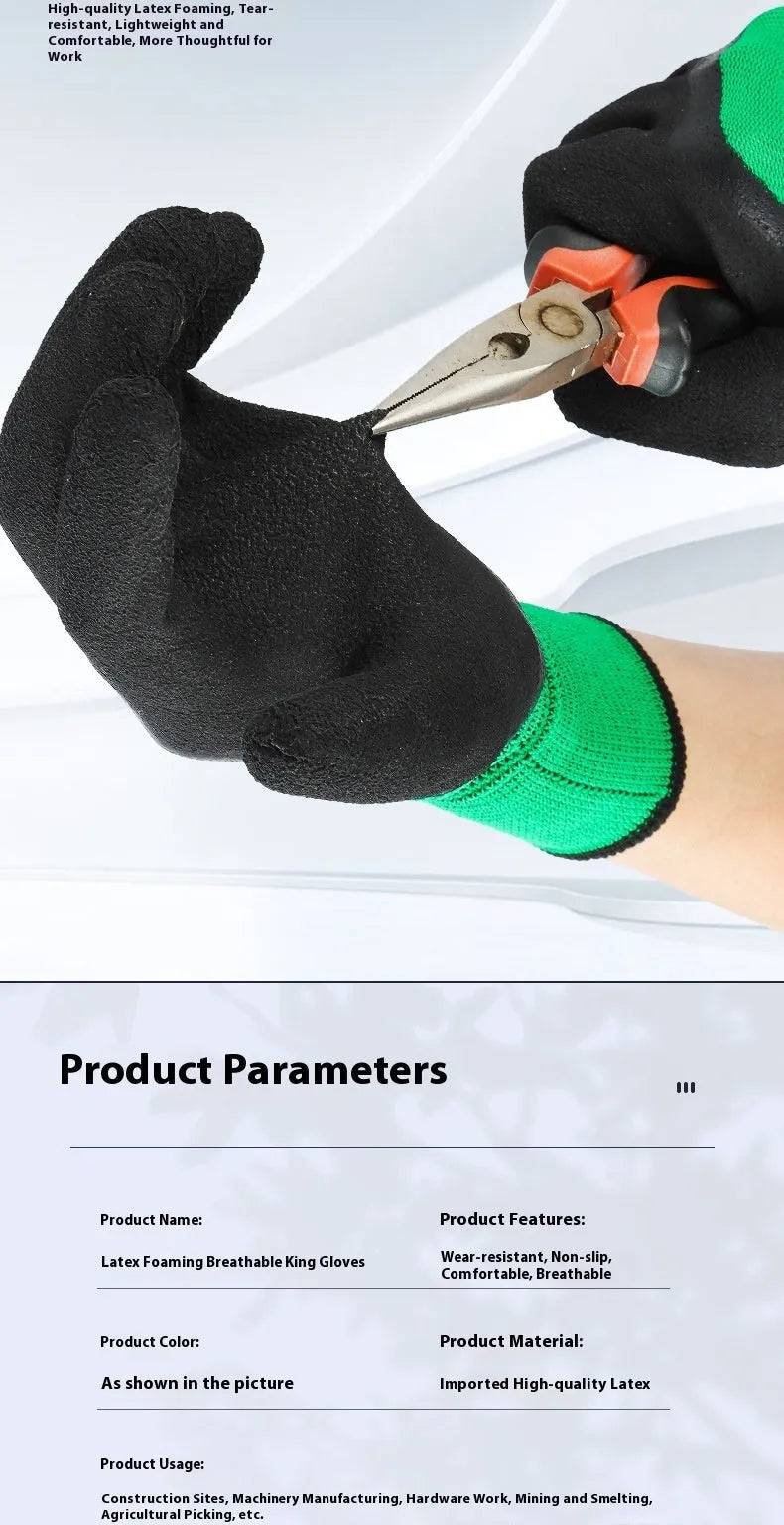 Black and green rubber work gloves showing textured non-slip palm and 13-stitch construction on the back.