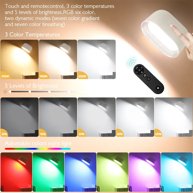 White plastic remote control magnetic wall lamp with colour-changing LED lights on a wall.