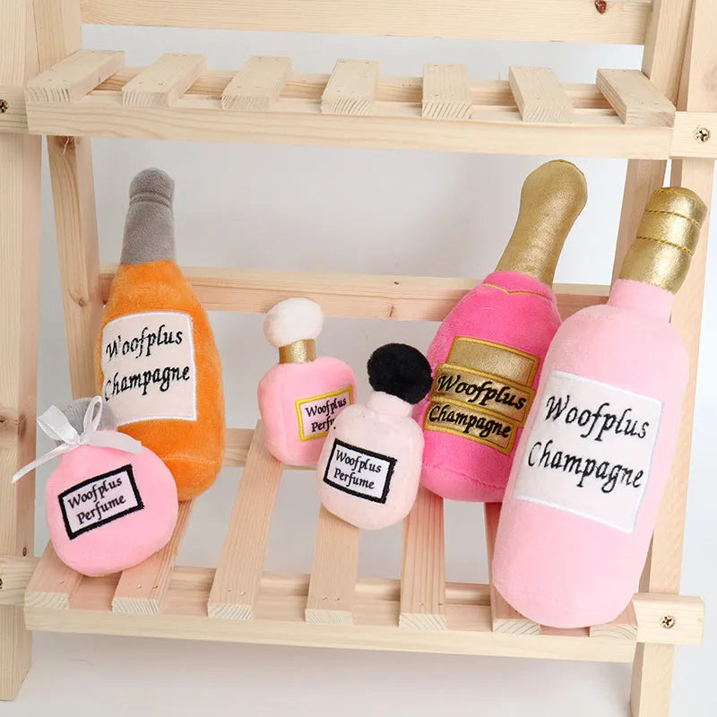 Plush wine bottle pet toy for dogs and cats in assorted colours