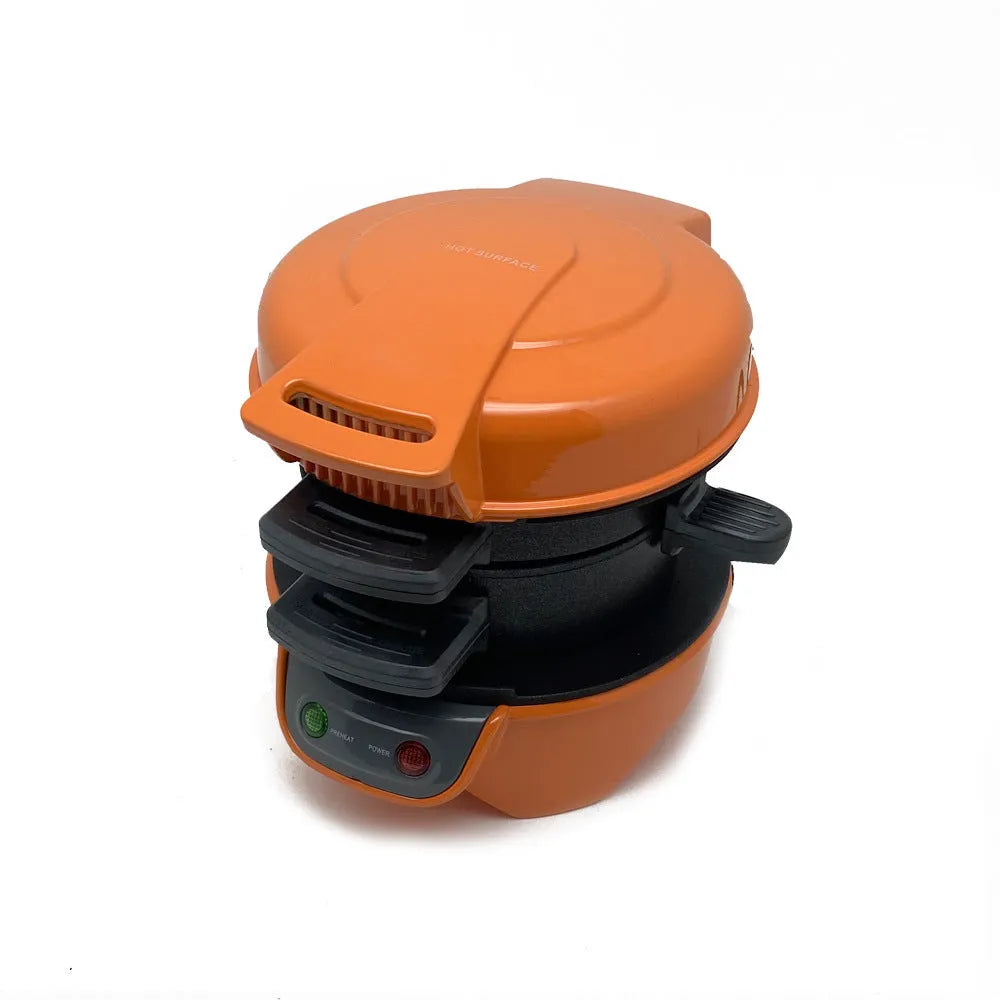 Breakfast sandwich maker with egg cooker ring in bright red, orange, or silver grey colours