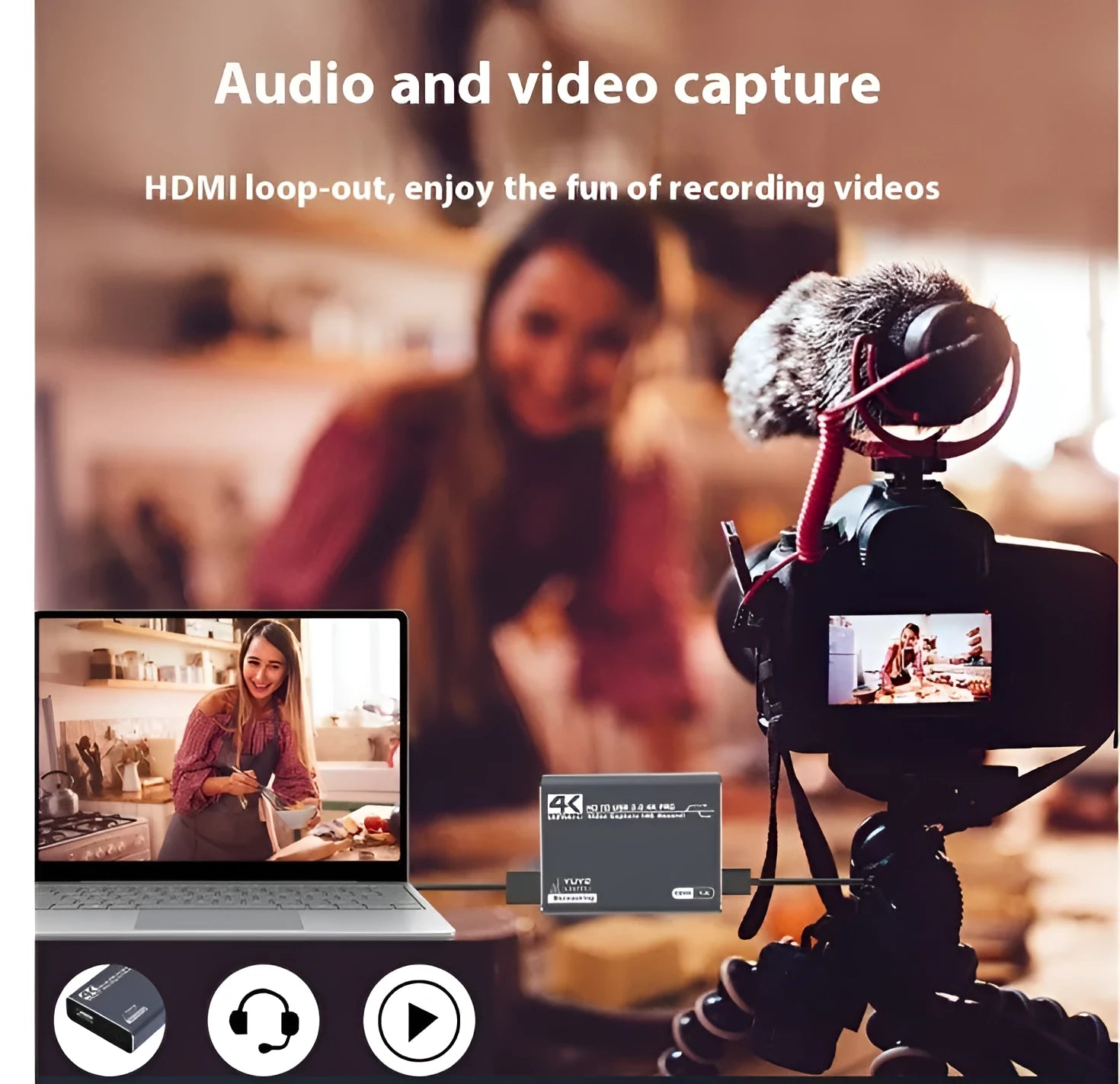 Black 4K gaming set-top box with audio recording capability and MS2131 chip