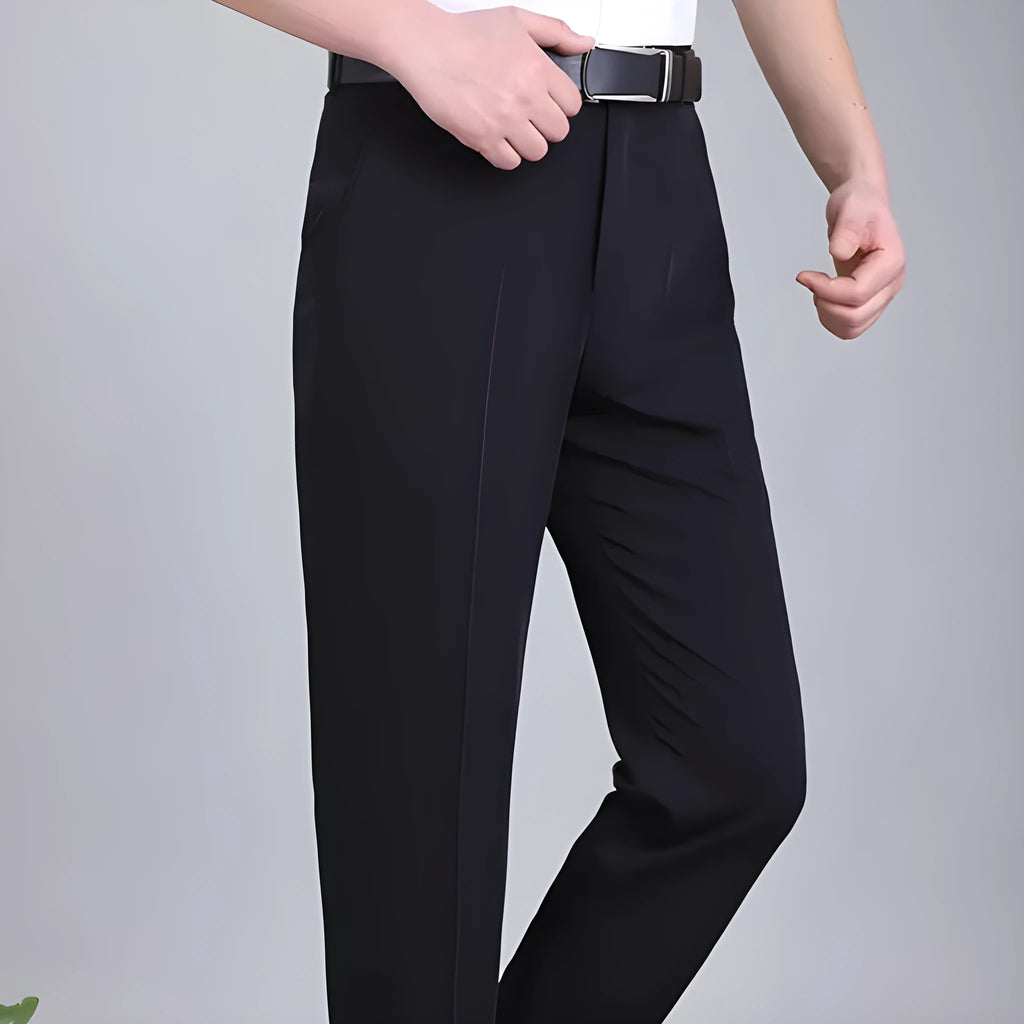 Men's straight-leg mulberry silk blend business trousers in dark blue on a hanger.