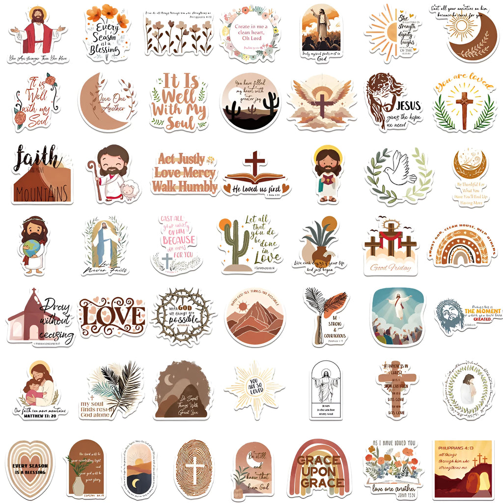 Assortment of 50 printed graffiti stickers on a sheet, showing various street art designs.