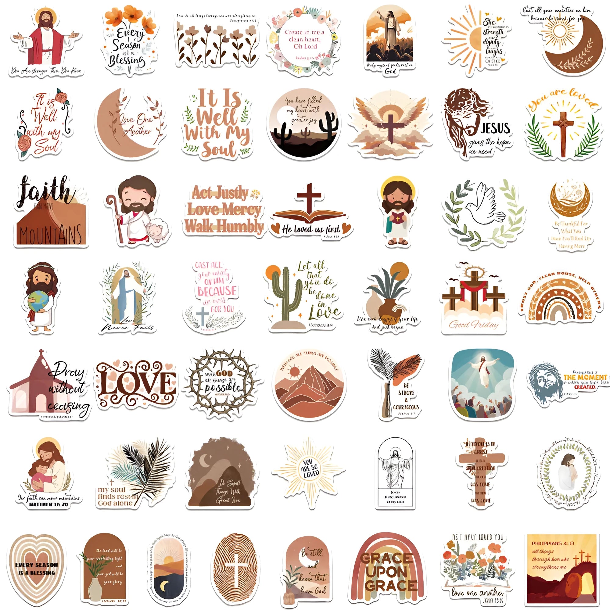 Assortment of 50 printed graffiti stickers on a sheet, showing various street art designs.
