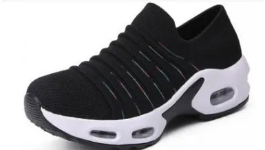 Plus size fly-knit socks shoes with mesh upper in multiple colour options showing round toe design