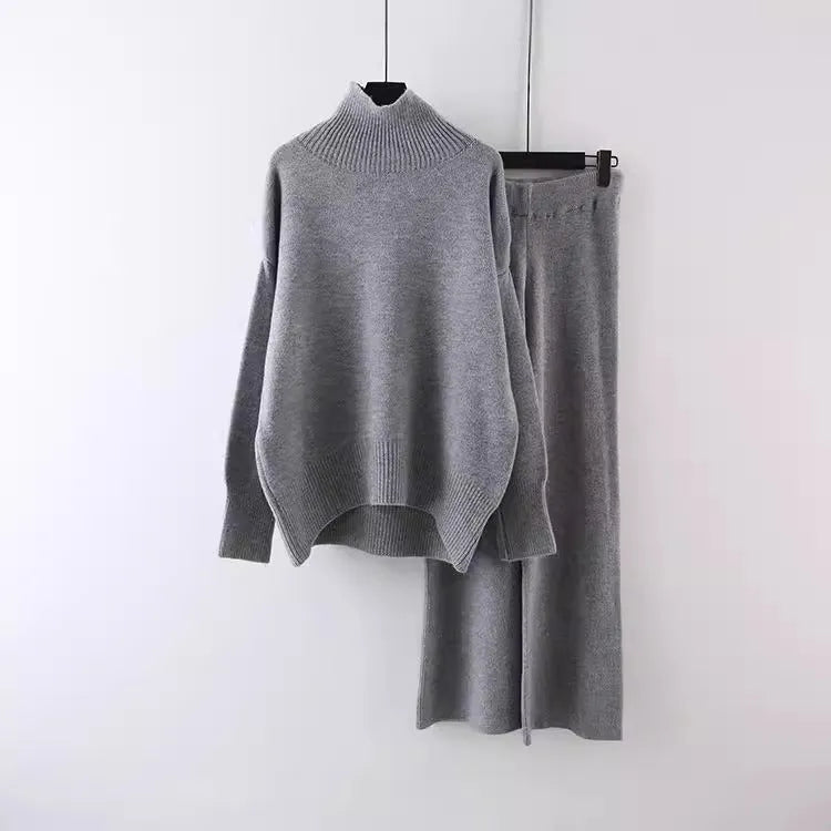 Women's acrylic fibre sweater and wide leg pants two-piece set in beige, black, grey, khaki or pink