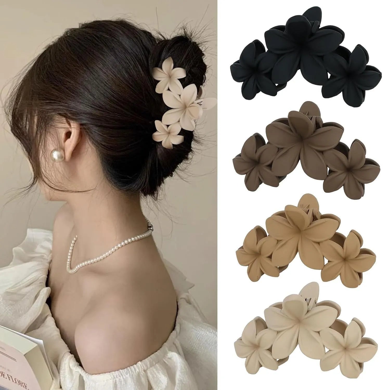 Six nude and rose red plastic hair clips with quadrilateral frosted grip design on white background