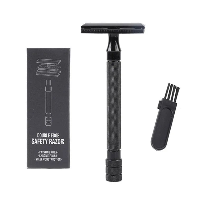 Traditional manual shaving razor and brush combination kit in black and silver metal finishes.