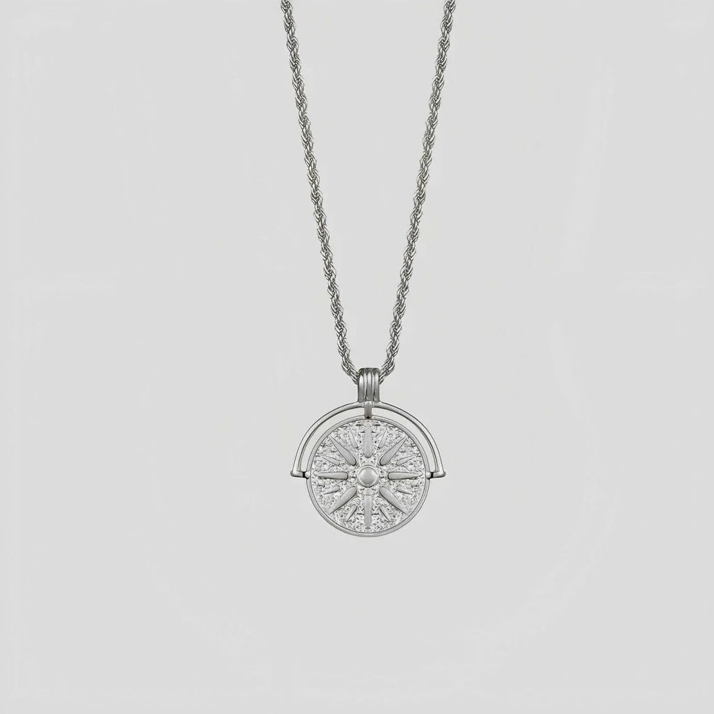 Titanium steel necklace with sunflower embossed pendant and hemp flower chain in gold or steel colour