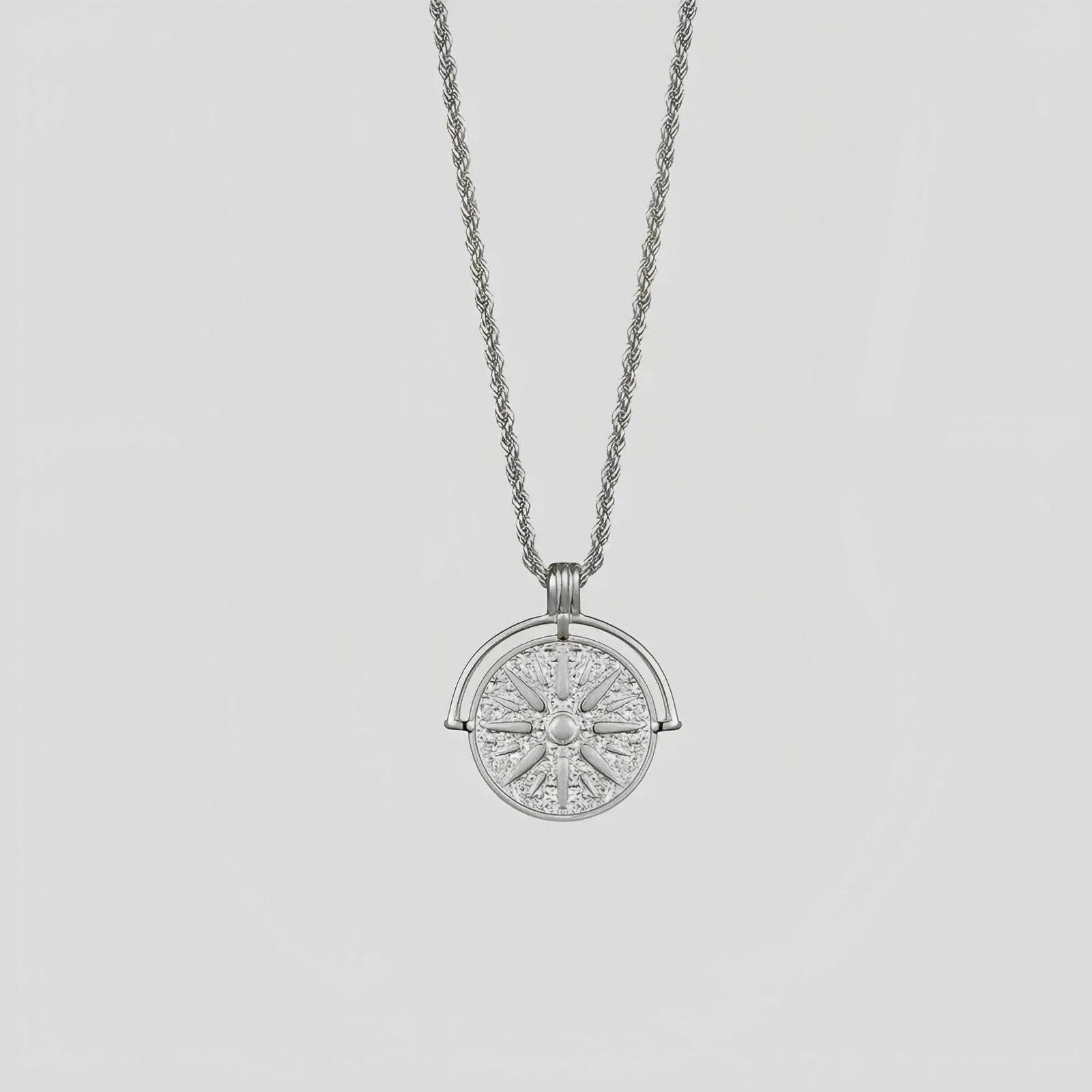 Titanium steel necklace with sunflower embossed pendant and hemp flower chain in gold or steel colour