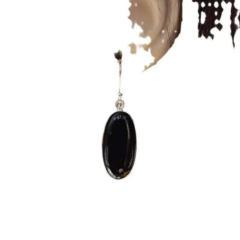 Black agate pendant women's earrings with geometric Chinese design and 925 silver electroplated finish