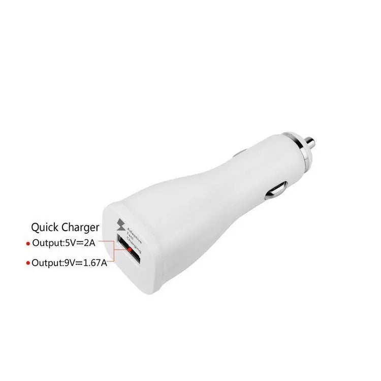 White single port QC2.0 fast car charger with compact rectangular design