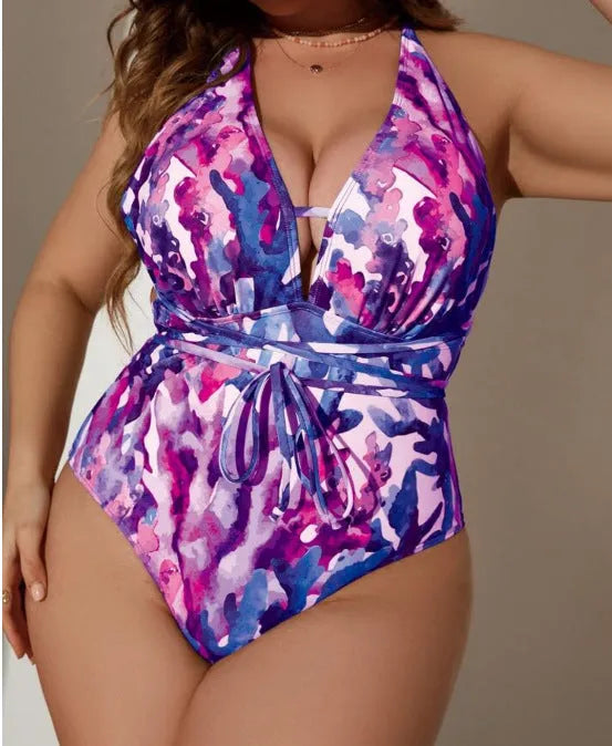Solid colour one-piece halter swimsuit for women in blue or purple with European and American style brief cut